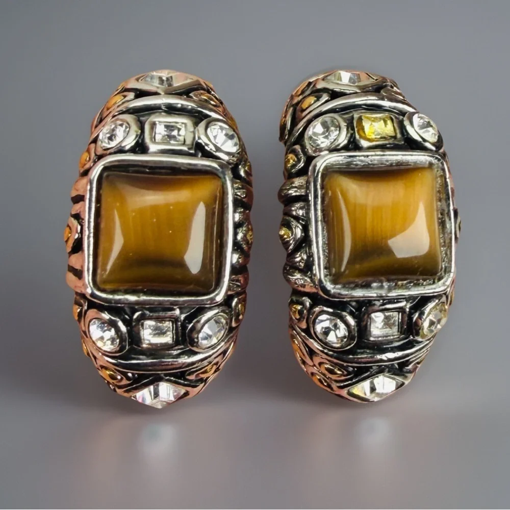Vintage weighted, Silvertone, goldtone, bling half hoop pierced earrings
